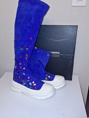 Cape Robbin Royal Blue Suede Knee-High Platform Boots with Multicolor Gems